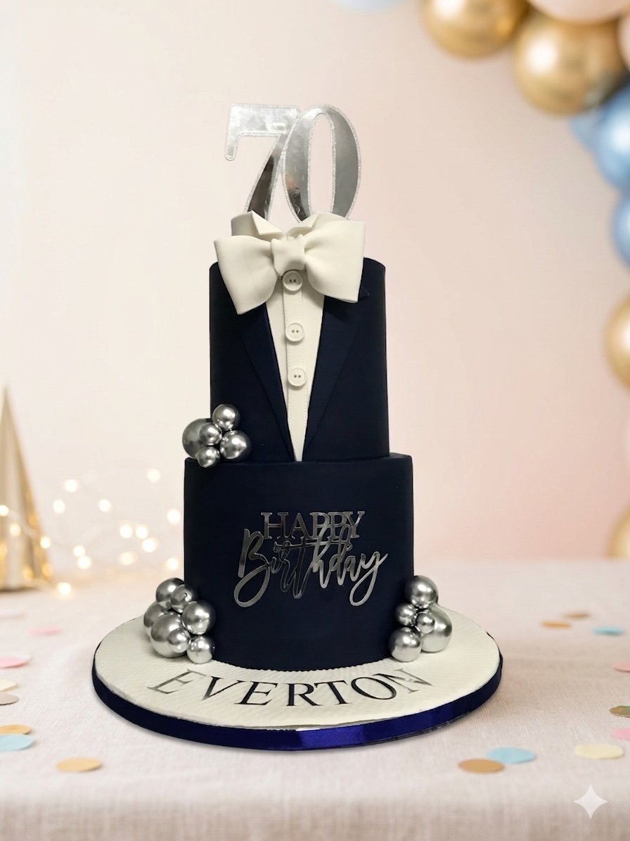 Everton’s 70th Tuxedo Cake by Sweet Mischief JA