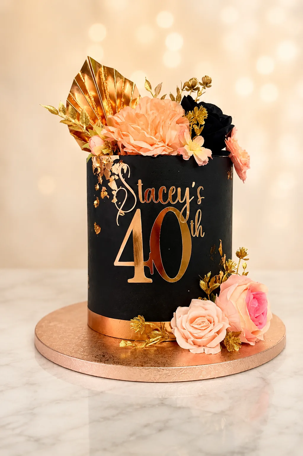 Black & Gold Floral 40th Cake by Sweet Mischief JA in Kingston, Jamaica