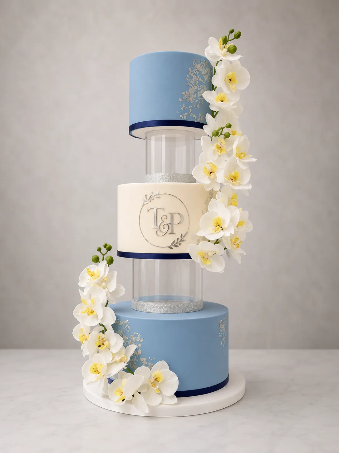 Dusty Blue Floral Wedding Cake by Sweet Mischief JA in Kingston, Jamaica