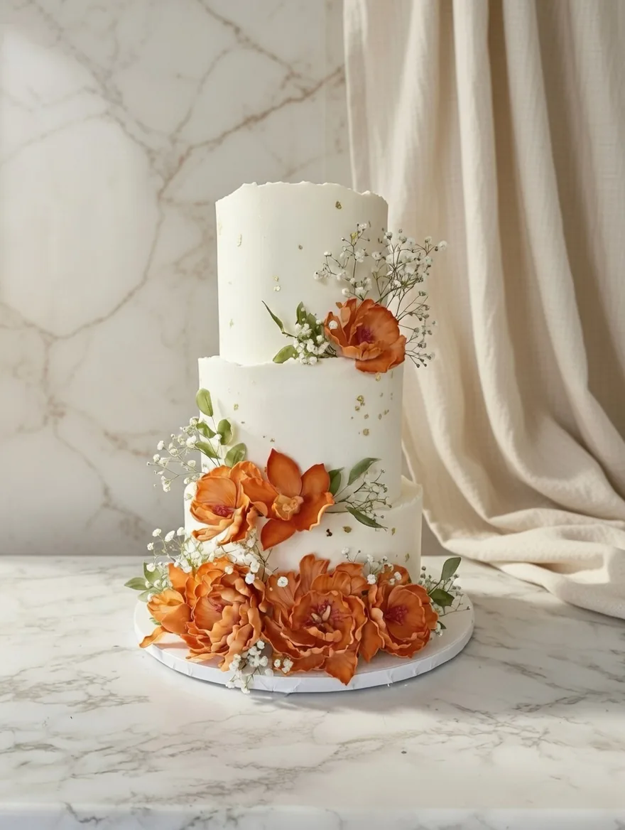Ivory & Burnt Orange Floral Wedding Cake by Sweet Mischief JA in Kingston, Jamaica