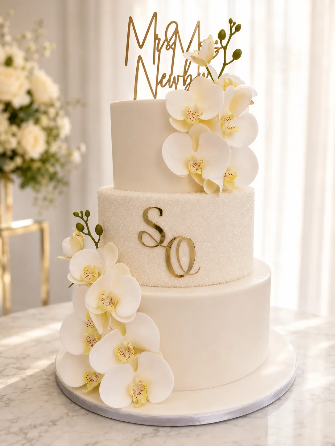 Ivory Orchid Monogram Wedding Cake by Sweet Mischief JA in Kingston, Jamaica