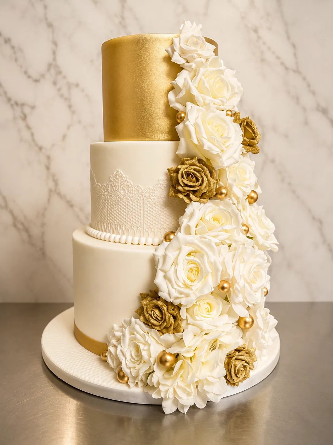 Gold & Ivory Floral Cascade Cake by Sweet Mischief JA in Kingston, Jamaica