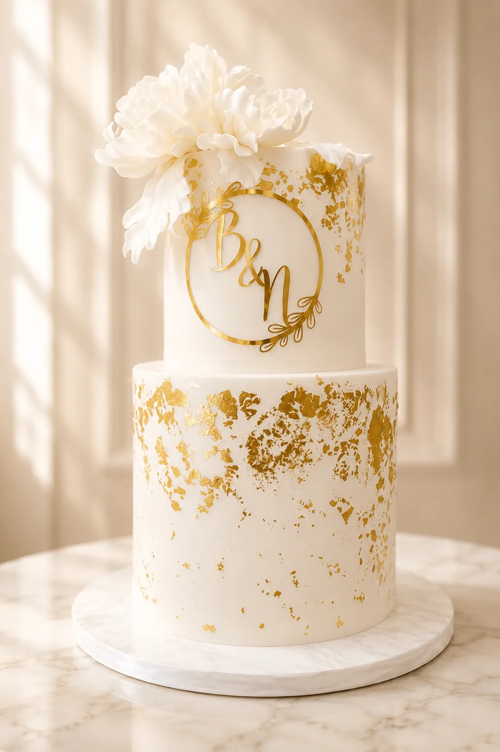 Ivory & Gold Monogram Wedding Cake by Sweet Mischief JA in Kingston, Jamaica