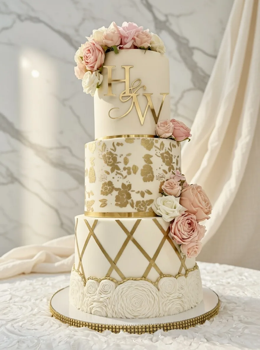 Blush & Gold Lattice Wedding Cake by Sweet Mischief JA in Kingston, Jamaica