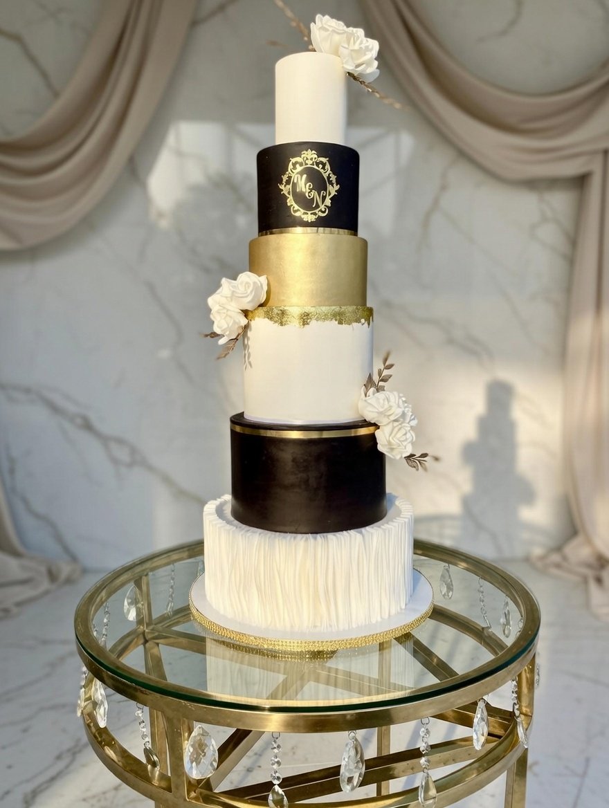 Black, White & Gold Tall Cake by Sweet Mischief JA